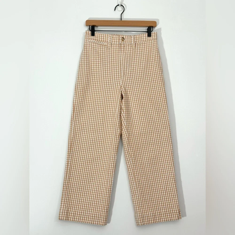Madewell Gingham Emmett Wide Leg Crop Pants Tan White Size 28 - Picture 2 of 12
